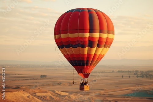 A hot air balloon flying above a rugged coastal cliff, with crashing waves, sea stacks, and seabirds soaring in the ocean breeze