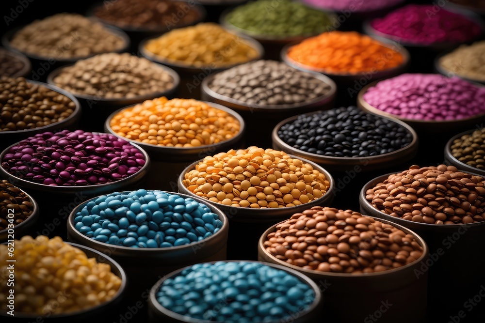 A photograph of a vibrant market stall filled with an array of fresh legumes, enticing customers with their colorful display in A photograph of a vibrant market stall filled with an array of fresh legumes, enticing customers with their colorful display in
