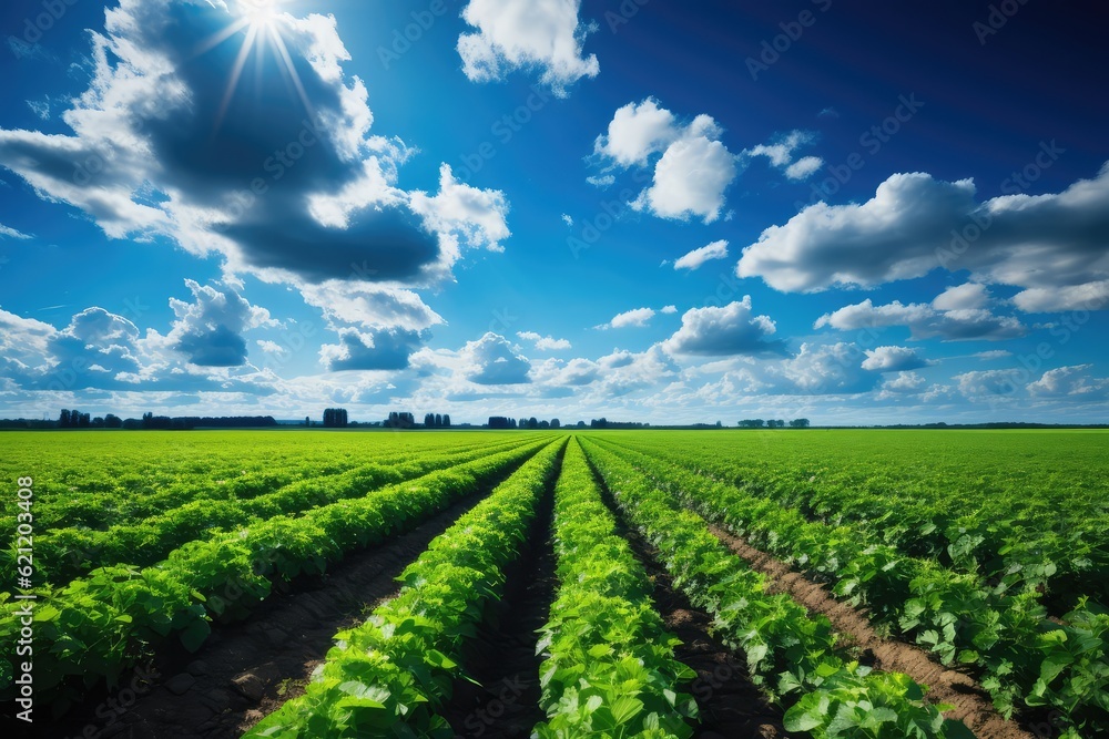 A landscape photograph featuring a picturesque legume field, with rows of vibrant plants stretching into the distance, capturing the beauty of legume cultivation in