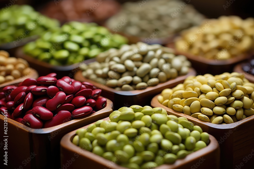 A photograph featuring an assortment of different legume varieties, emphasizing the diverse shapes, sizes, and colors of legumes in