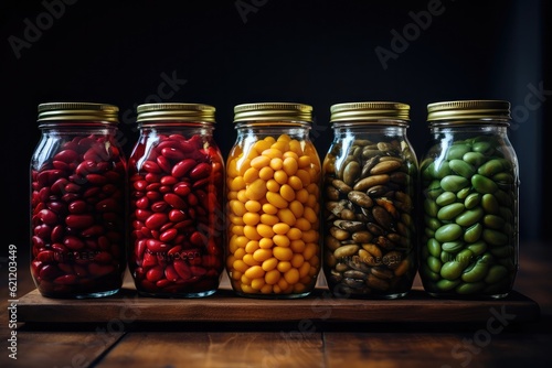 A photograph displaying various preserved legume products, such as canned beans and dried lentils, highlighting their long shelf life and versatility in