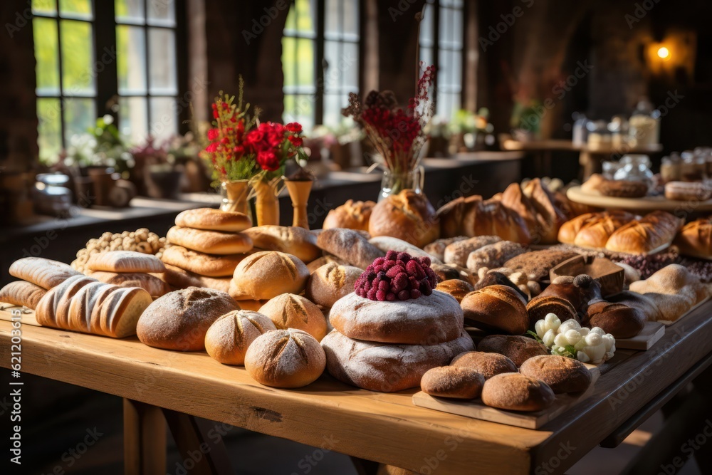 A photograph highlighting a market stand specializing in artisanal bread, with crusty baguettes, fluffy buns, and aromatic loaves, showcasing the craftsmanship of breadmaking in