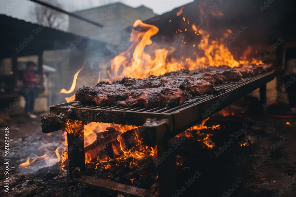 A photograph capturing the smoky ambiance of a market stand specializing in barbecue, with juicy ribs, tender briskets, and flavorful sauces, igniting the taste buds in A photograph capturing the smoky ambiance of a market stand specializing in barbecue, with juicy ribs, tender briskets, and flavorful sauces, igniting the taste buds in