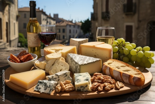 A photograph featuring a gourmet delicatessen market stand, offering an exquisite selection of artisanal cheeses, cured meats, and fine delicacies, tempting the senses in