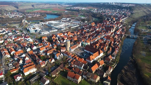 Aerial view of the city Besigheim on a sunny day in early spring.	 photo