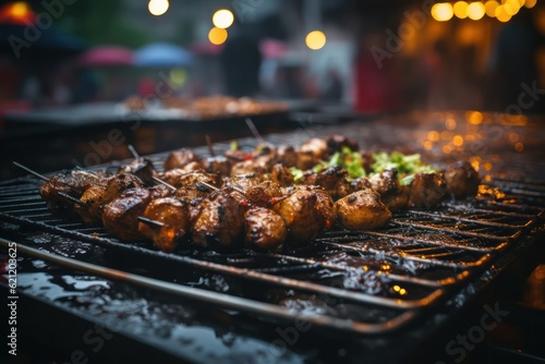 A photograph capturing the smoky ambiance of a market stand specializing in barbecue, with juicy ribs, tender briskets, and flavorful sauces, igniting the taste buds in