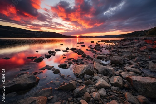 Rainbow-colored clouds casting vibrant reflections on the still surface of a serene lake, creating a picture-perfect mirror image of the sky above