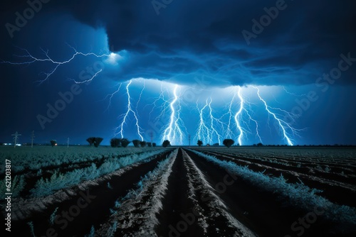 A dramatic scene of a thunderstorm brewing, with lightning bolts illuminating the sky and rainbow clouds adding a touch of surreal beauty to the ominous atmosphere