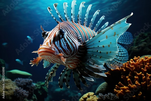 A mesmerizing image of a lionfish hovering near a magnificent coral reef  its vibrant stripes and graceful fins adding to the allure and beauty of the underwater scene