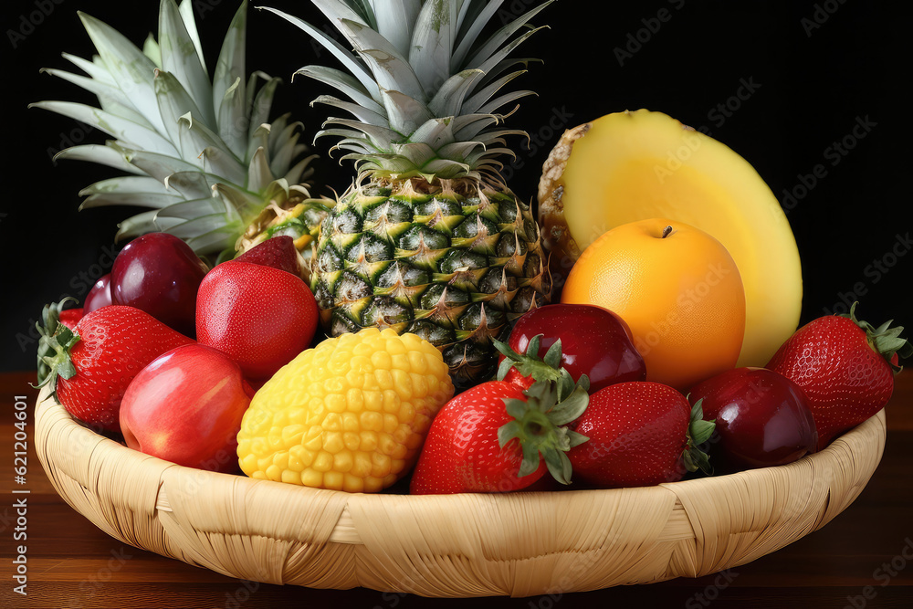 A photograph showcasing a bustling market scene with vendors displaying a wide variety of juicy fruits, creating a vibrant and lively atmosphere in A photograph showcasing a bustling market scene with vendors displaying a wide variety of juicy fruits, creating a vibrant and lively atmosphere in