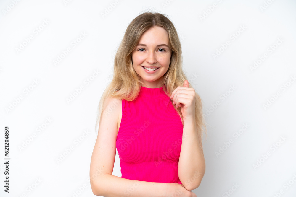Blonde English young girl isolated on white background laughing Blonde English young girl isolated on white background laughing