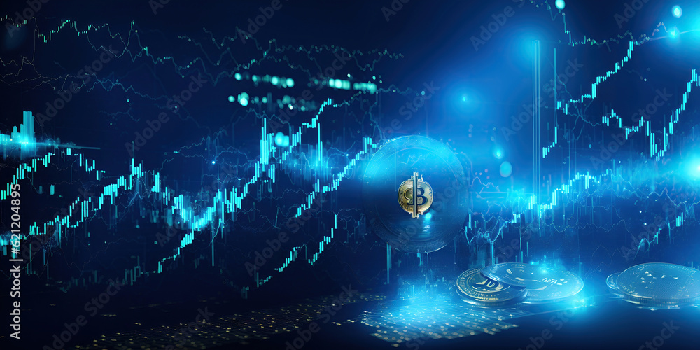Wallpaper with abstract blue background and bitcoin. Wallpaper with abstract blue background and bitcoin.