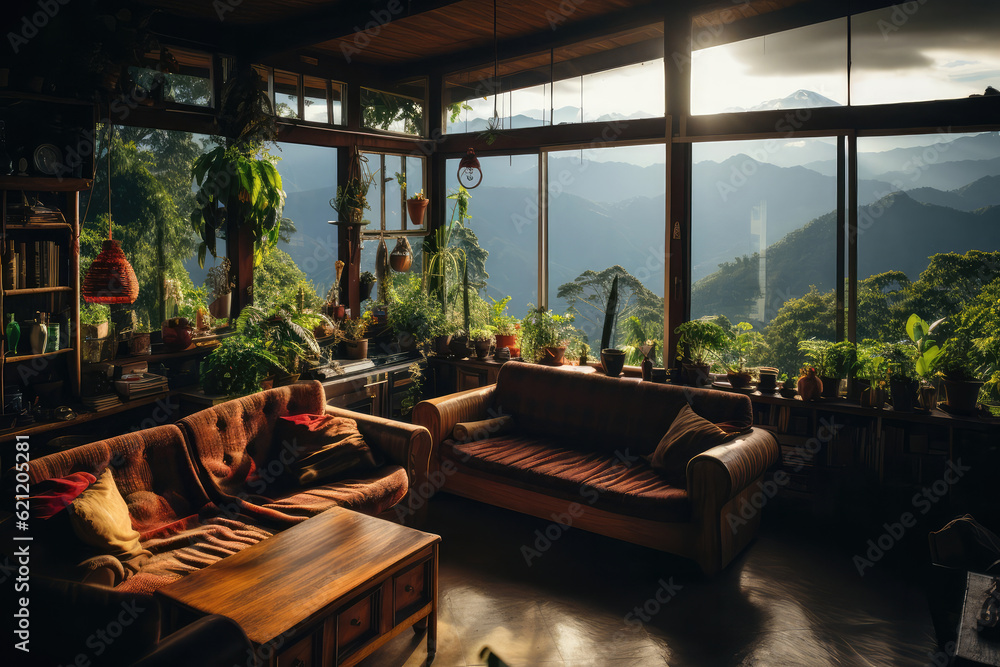 A yoga loft nestled on a picturesque mountainside, with large windows framing breathtaking views, allowing practitioners to connect with the beauty of nature while practicing yoga