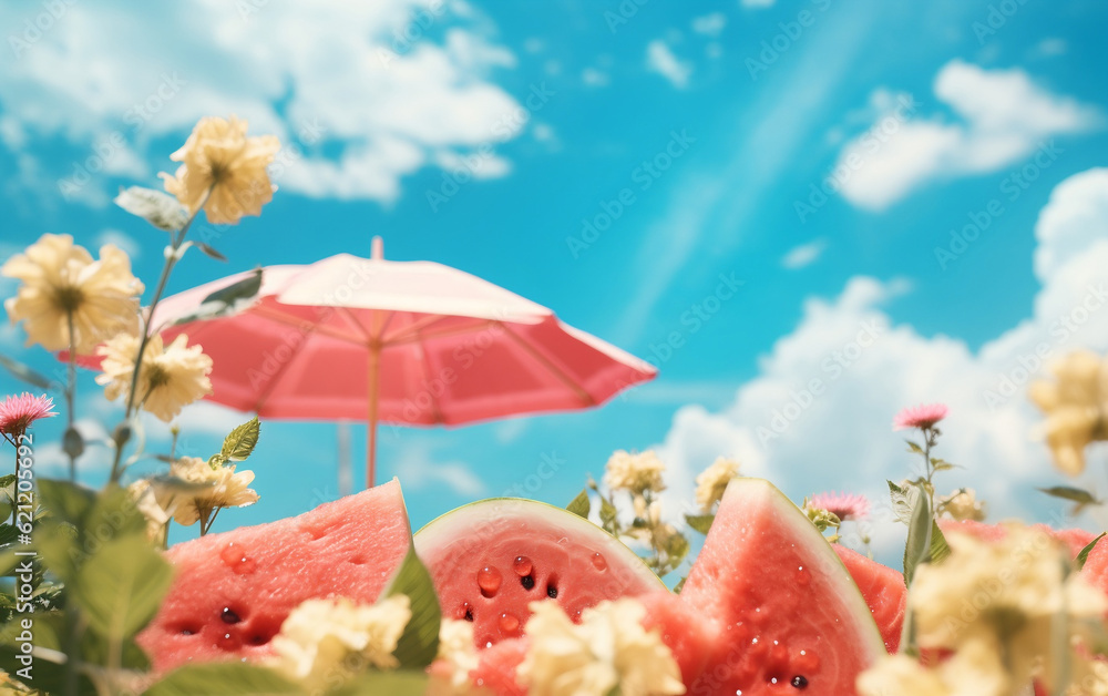 watermelon summer on the beach background, Generative ai