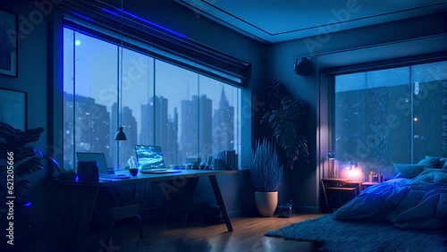 animated virtual backgrounds wallpaper, stream overlay loop, cozy lo-fi living room, raining night sky, vtuber asset twitch zoom OBS screen, anime chill hip hop, cyan skyline outside window,