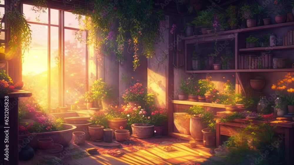 room with greenery, flowers. petal falling outside the window. animated wallpaper, virtual backgrounds, stream overlay loop, vtuber asset twitch zoom OBS screen, anime lo fi chill hip hop atmosphere