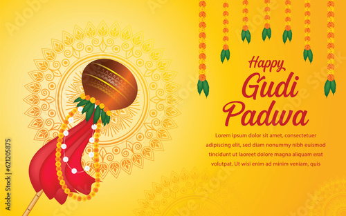 Happy Gudi Padwa Festival Greeting Background Template writing Gudi Padwa.