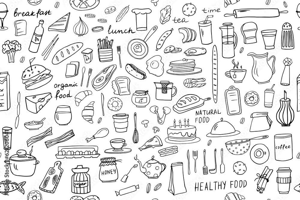 Seamless pattern of healthy food and fast food ingredients in doodle style with lettering in vector. Great for menu design, banners, sites, packaging. Vector illustration EPS10 Seamless pattern of healthy food and fast food ingredients in doodle style with lettering in vector. Great for menu design, banners, sites, packaging. Vector illustration EPS10