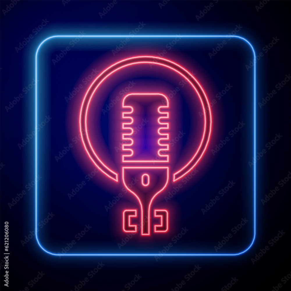 Glowing neon Microphone icon isolated on black background. On air radio mic microphone. Speaker sign. Vector Glowing neon Microphone icon isolated on black background. On air radio mic microphone. Speaker sign. Vector