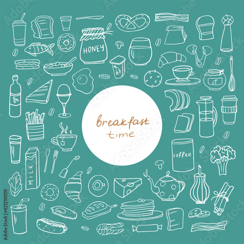 Trendy set of healthy food and fast food ingredients with lettering in vector. Doodle style. Great for menu design, banners, sites, packaging. Isolated on blue