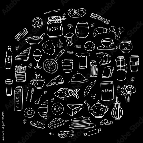 Cute set of healthy food and fast food ingredients in doodle style in vector. Great for menu design, banners, sites, packaging. Isolated on black