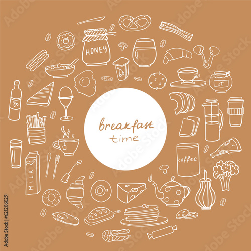 Cute set of healthy food and fast food ingredients with lettering in vector EPS10. Doodle style. Great for menu design, banners, sites, packaging. Isolated on bougie