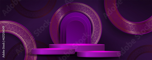 Dark purple design, podium and round frames with gold border