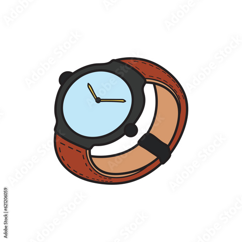 Kids drawing Cartoon Vector illustration Classic Mens Wrist Watch with Brown Leather icon Isolated on White Background