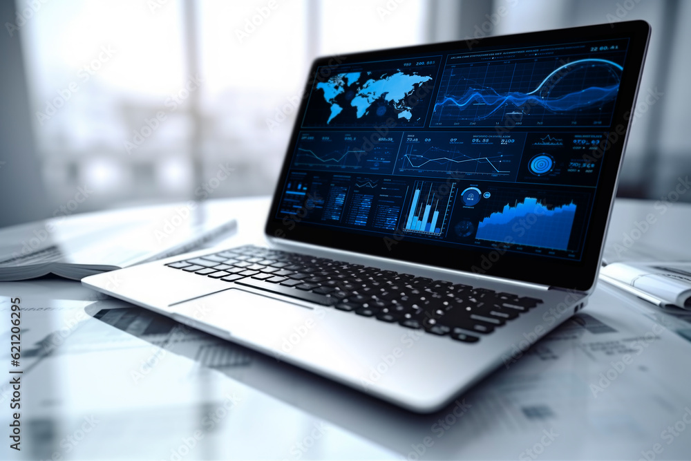 Laptop computer with digital world map with data charts and stats ...