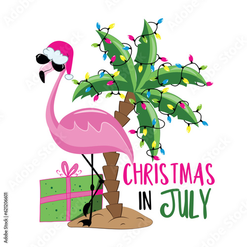 Christmas in July - Flamingo in Santa's hat. Palm tree decorated with Christmas lights garland,  isolated on white background. Good for greeting card, poster, banner textile print, and other.