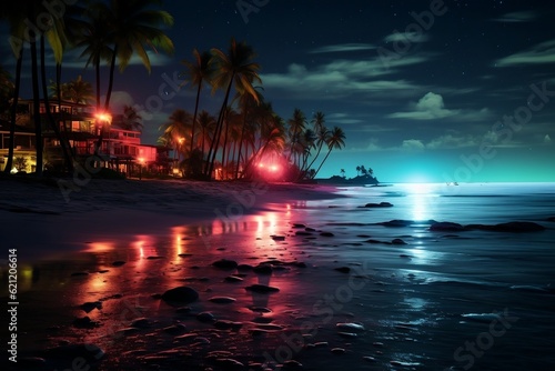 Nighttime beach illuminated with neon lights, Generative Ai