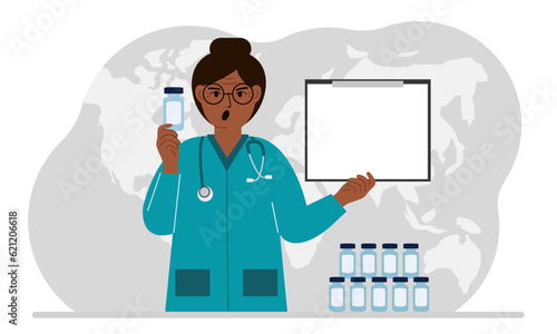Pandemic, vaccination and health concept. Doctor with a bottle of vaccine.