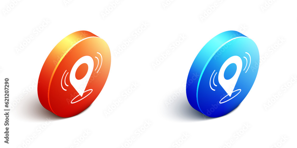 Isometric Map pin icon isolated on white background. Navigation, pointer, location, map, gps, direction, search concept. Orange and blue circle button. Vector Isometric Map pin icon isolated on white background. Navigation, pointer, location, map, gps, direction, search concept. Orange and blue circle button. Vector