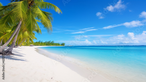 A serene beach with crystal-clear turquoise waters and palm trees swaying in the gentle breeze Generative AI