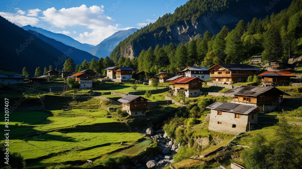 Obraz premium A traditional village nestled in the mountains, offering a glimpse into the charm of rural tourism Generative AI