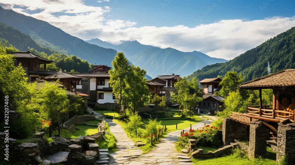 A traditional village nestled in the mountains, offering a glimpse into the charm of rural tourism Generative AI