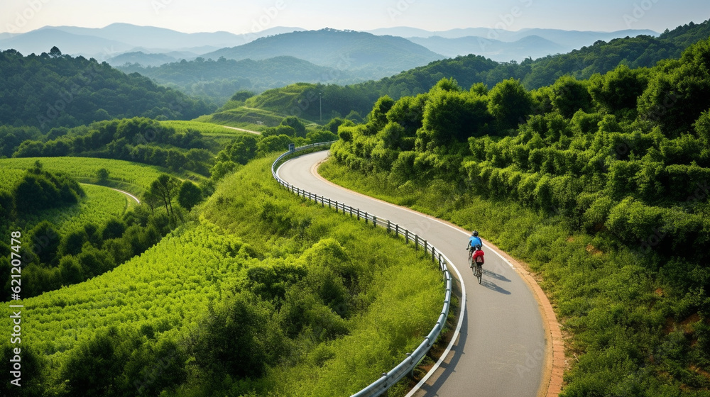 A scenic bike trail winding through a lush countryside, promoting sustainable and eco-friendly forms of tourism Generative AI