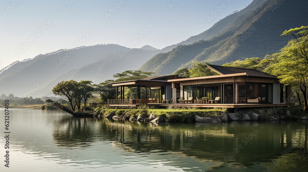 Naklejka premium A tranquil lakeside retreat surrounded by towering mountains, inviting visitors to embrace the tranquility of nature Generative AI