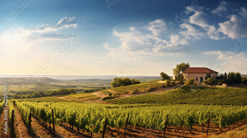 A panoramic view of a sprawling vineyard, inviting visitors to indulge in wine tourism and gastronomic delights Generative AI