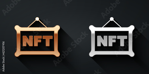 Gold and silver NFT Digital crypto art icon isolated on black background. Non fungible token. Long shadow style. Vector