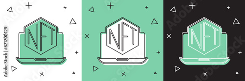 Set Laptop with art store app icon isolated on white and green, black background. Technology of selling NFT tokens for cryptocurrency. Non fungible token concept. Vector