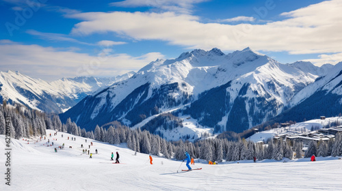 A thrilling ski slope with snow-covered mountains in the background, enticing adventure tourists Generative AI