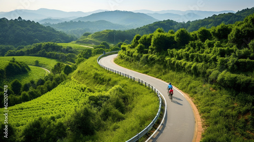 A scenic bike trail winding through a lush countryside, promoting sustainable and eco-friendly forms of tourism Generative AI