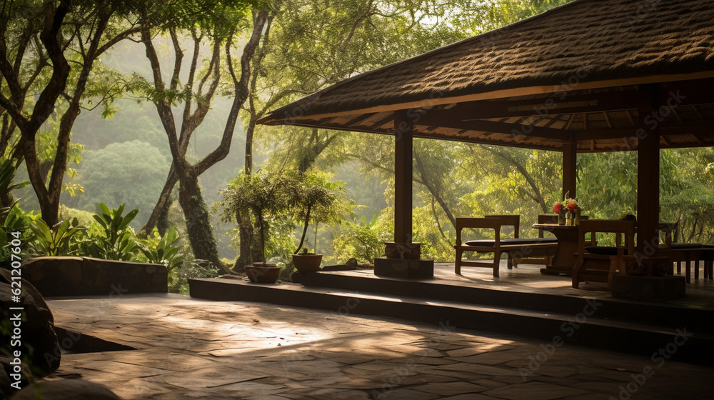 A serene meditation retreat surrounded by serene landscapes, inviting visitors to experience spiritual tourism Generative AI