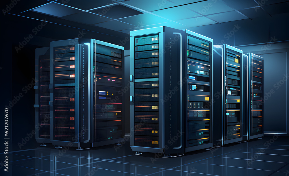 Rack housing server data storage hardware, Binary code tunnel background, Futuristic blue server room background Rack housing server data storage hardware, Binary code tunnel background, Futuristic blue server room background