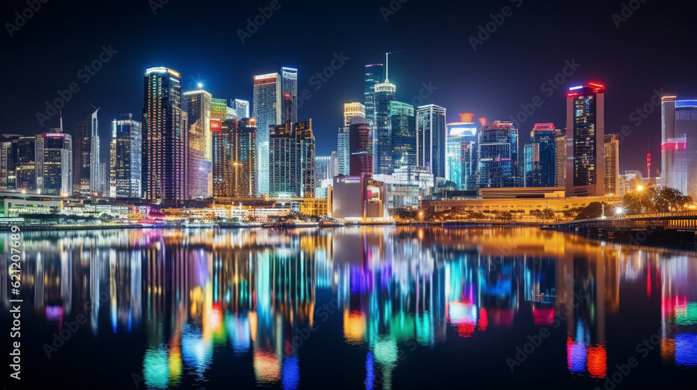 A vibrant cityscape at night, with buildings illuminated and reflecting on the water, showcasing the allure of urban nightlife tourism Generative AI