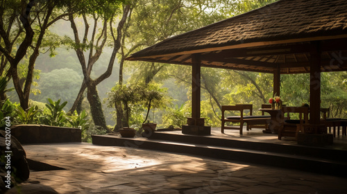 A serene meditation retreat surrounded by serene landscapes, inviting visitors to experience spiritual tourism Generative AI