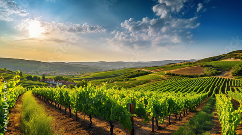 A picturesque vineyard with rows of lush grapevines  showcasing the allure of agrotourism and farm experiences Generative AI