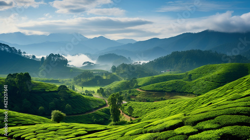 A traditional tea plantation with rolling hills and misty landscapes, inviting visitors to immerse in tea tourism Generative AI