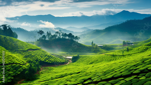 A traditional tea plantation with rolling hills and misty landscapes, inviting visitors to immerse in tea tourism Generative AI © Наталья Евтехова